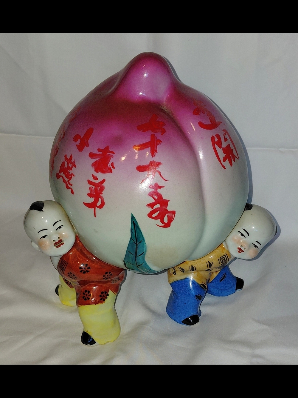 Vintage Porcelain Figurine Longevity Children Holding Up a Peach 8"T Chinese